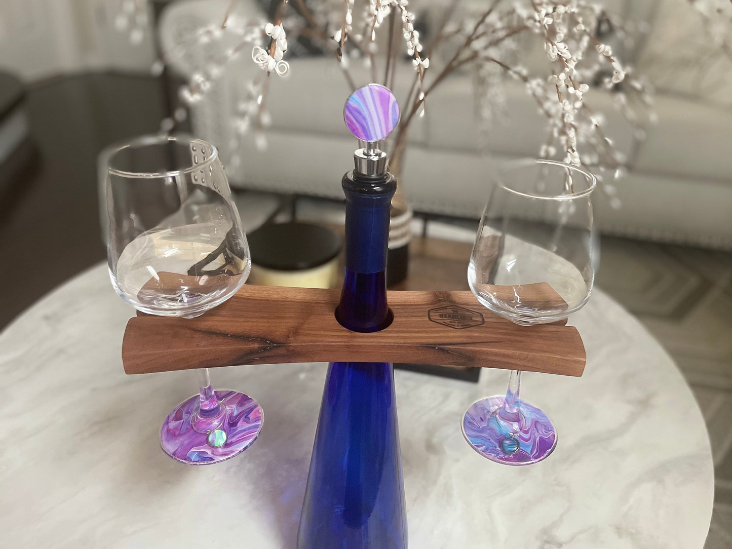 Wine Gift Set Hand Painted: Wine Glasses, Bottle Stopper, and Wine Glass Charms, Abstract Acrylic Fluid Art Glasses