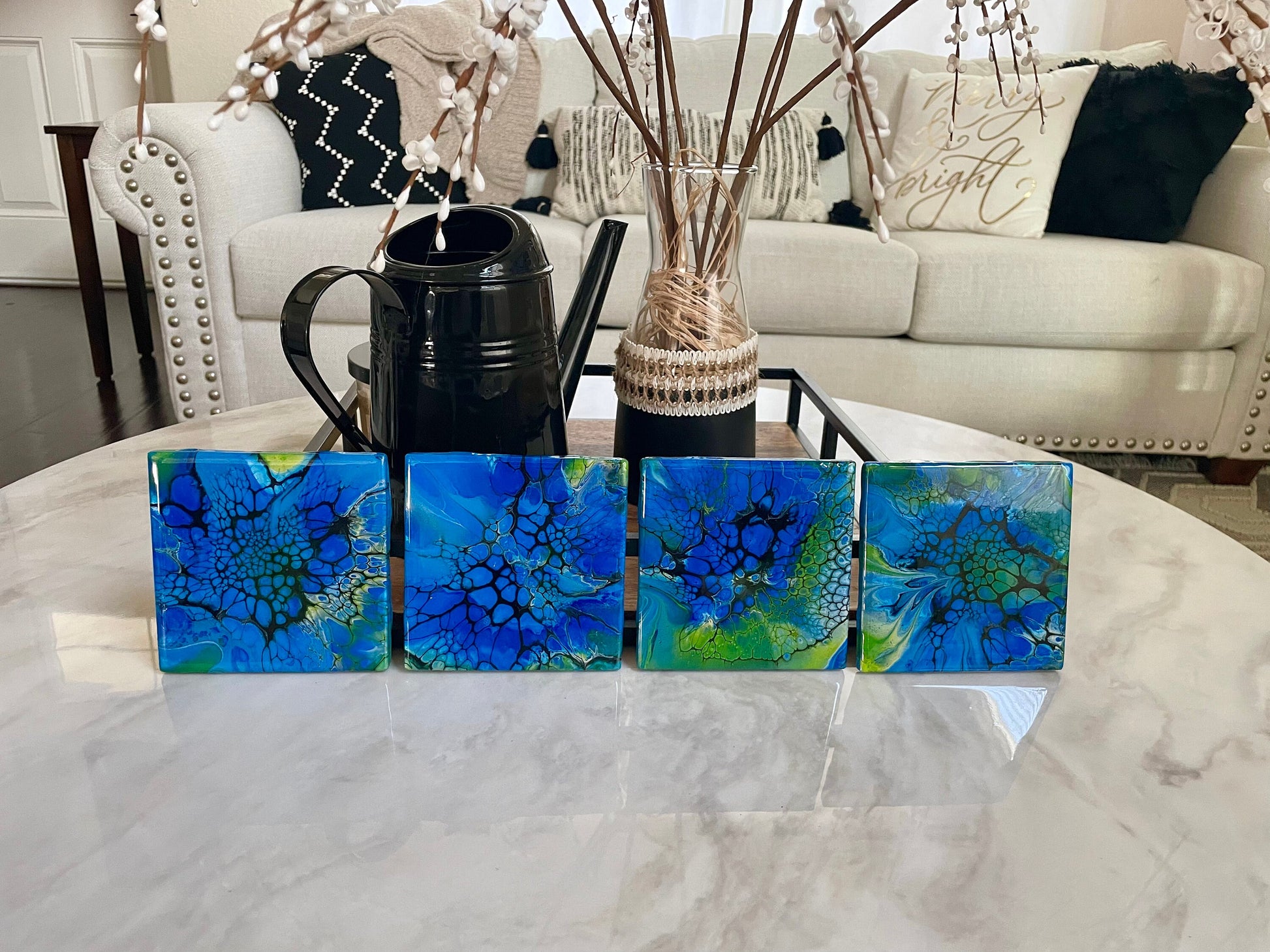 Glossy Ceramic Drink Coasters Acrylic Pour Set of 4 Green and Blue Heat Resistant