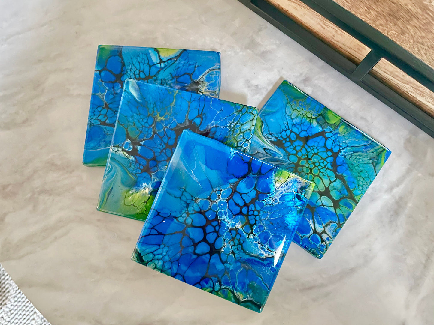 Glossy Ceramic Drink Coasters Acrylic Pour Set of 4 Green and Blue Heat Resistant