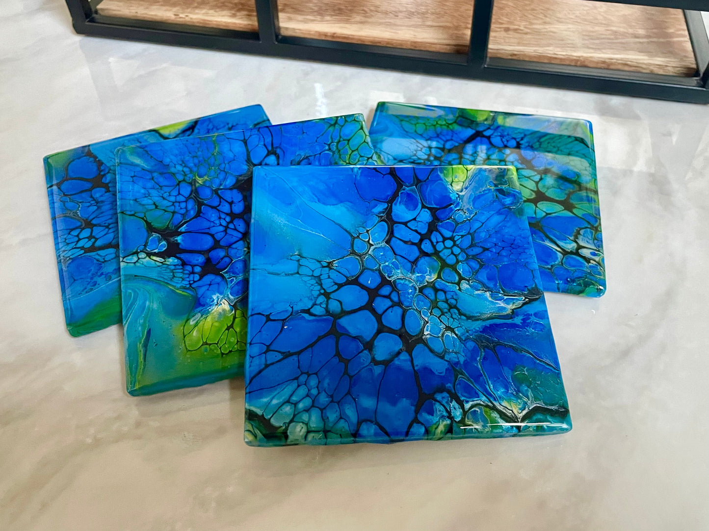 Glossy Ceramic Drink Coasters Acrylic Pour Set of 4 Green and Blue Heat Resistant