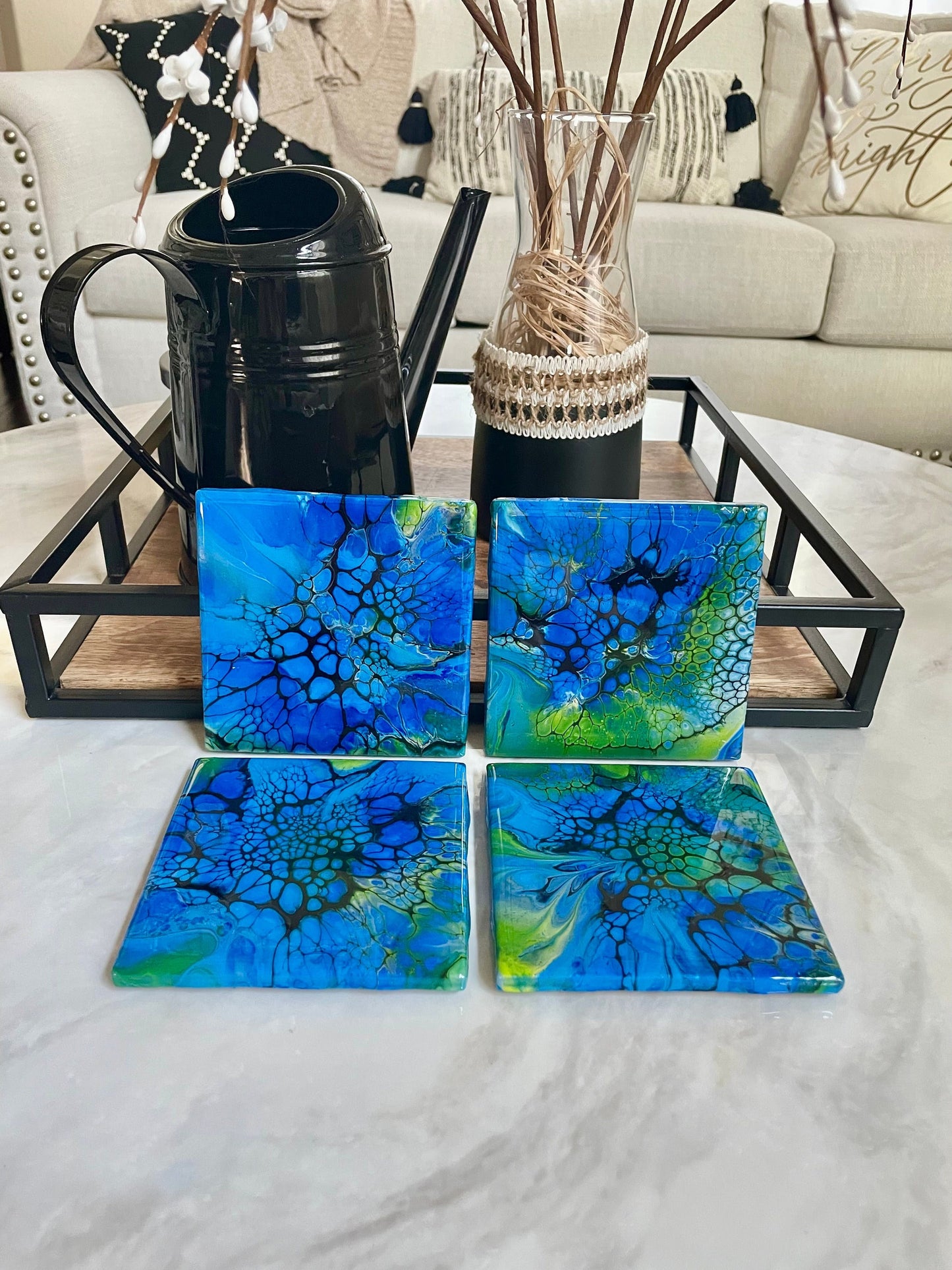 Glossy Ceramic Drink Coasters Acrylic Pour Set of 4 Green and Blue Heat Resistant