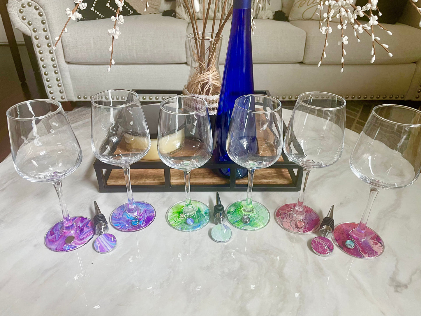 Wine Gift Set Hand Painted: Wine Glasses, Bottle Stopper, and Wine Glass Charms, Abstract Acrylic Fluid Art Glasses