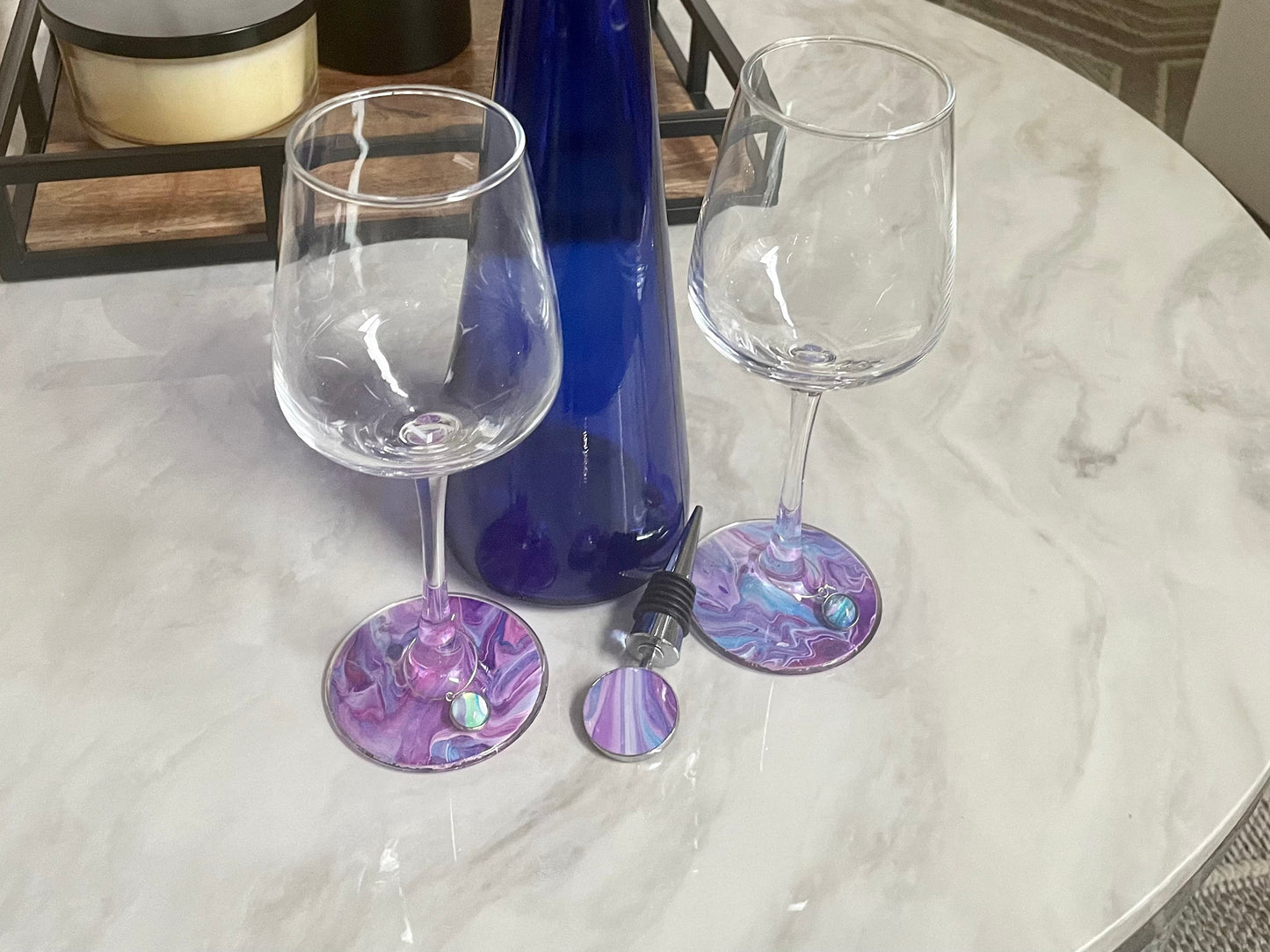 Wine Gift Set Hand Painted: Wine Glasses, Bottle Stopper, and Wine Glass Charms, Abstract Acrylic Fluid Art Glasses