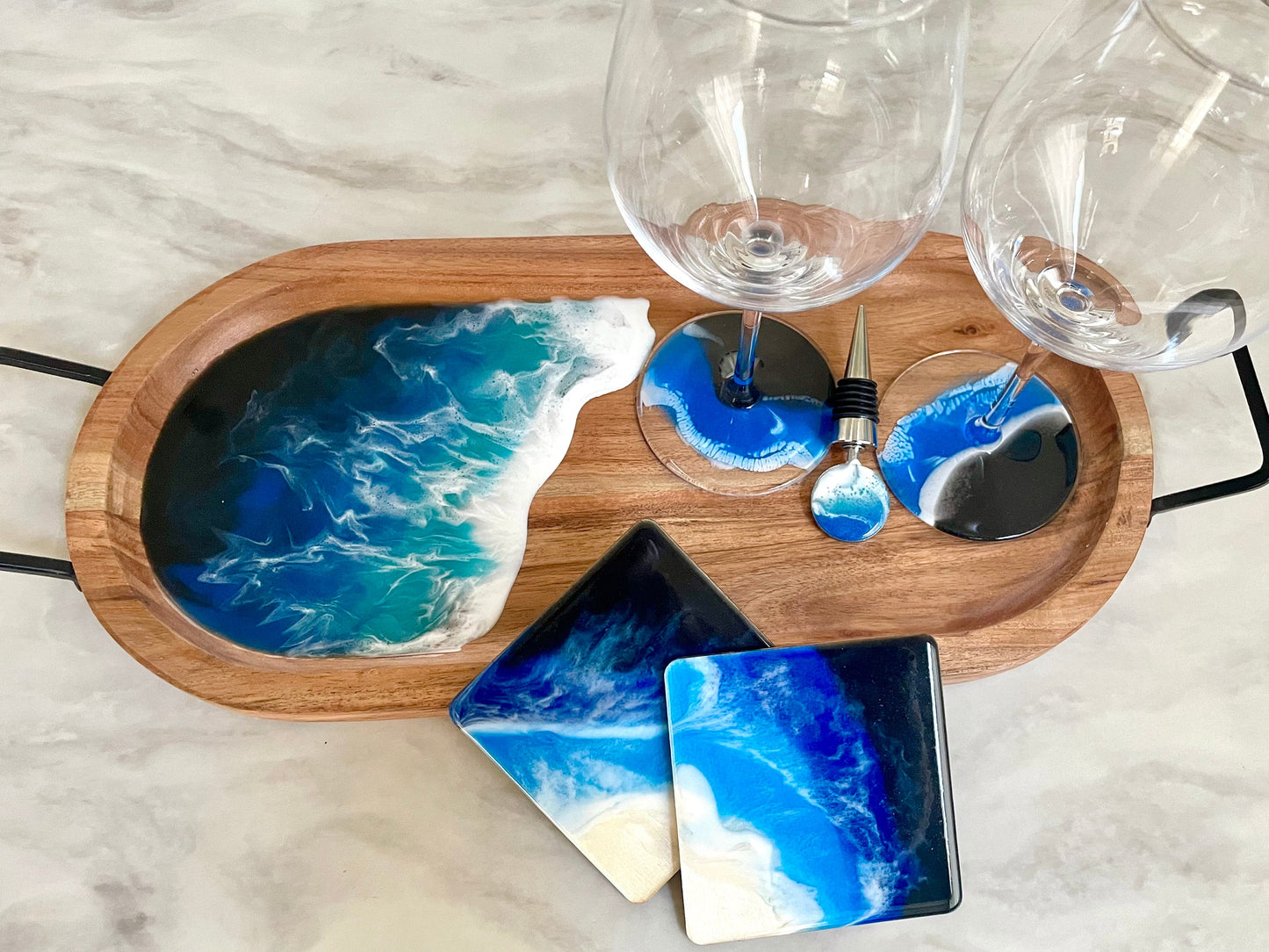 Ocean Wave Charcuterie Board Gift Set: Board w/ Handles, 2 Wine Glasses and Charms, Wine Stopper, and 2 Coasters / Wine & Cheese Lover Gift