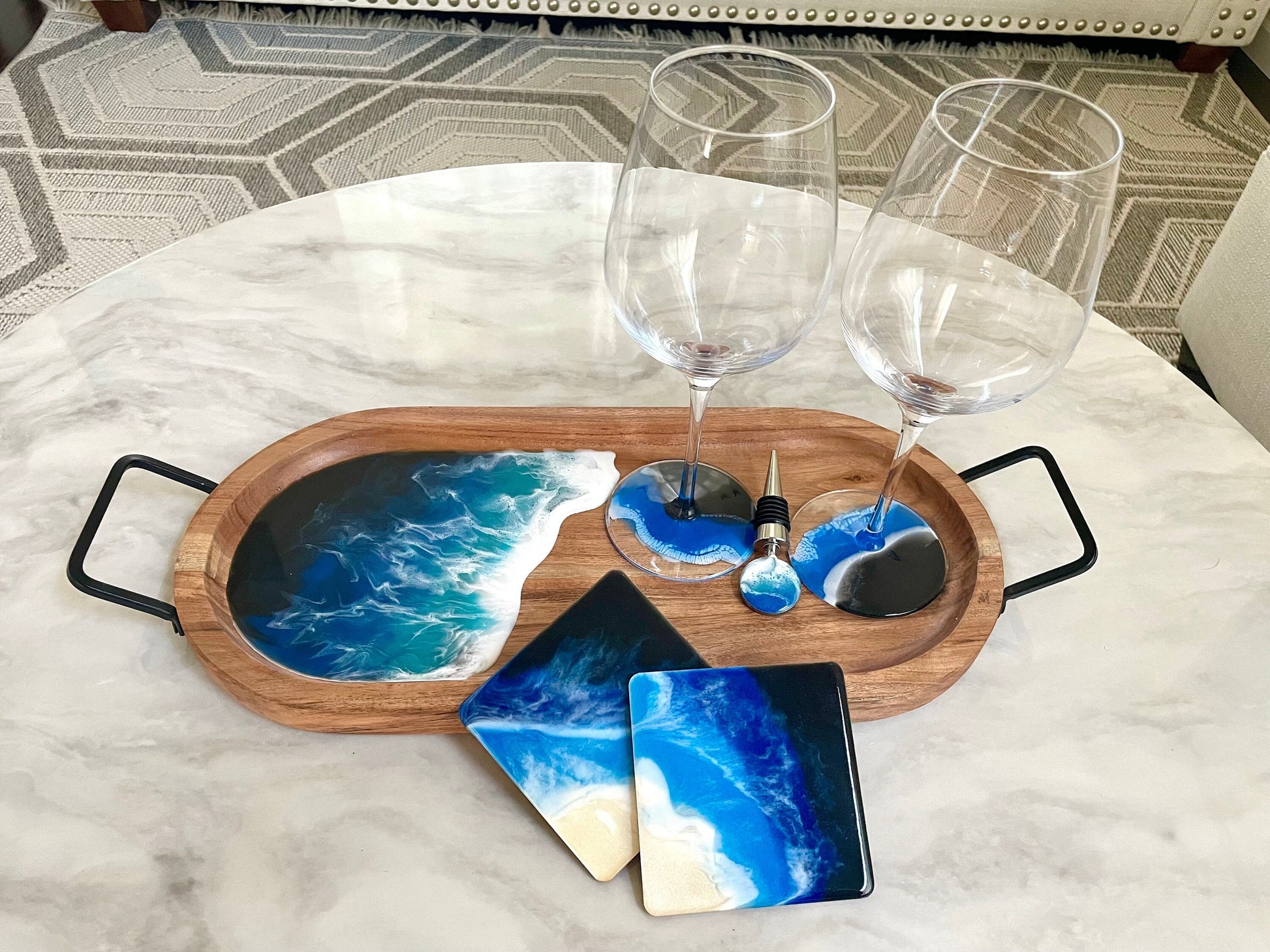 Ocean Wave wooden serving tray with handles, 2 matching wine glassess, glass charms, and wine stopper, and 2 matching coasters
